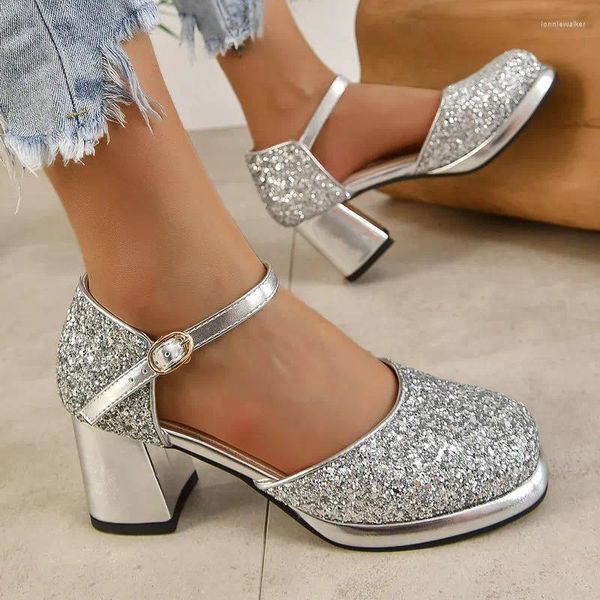 Sandalet altın gümüş parıltı bling parlak bayanlar parti düğün ayakkabıları yaz Mary janes kare yüksek topuklu büyük boyut 47 48 kadın
