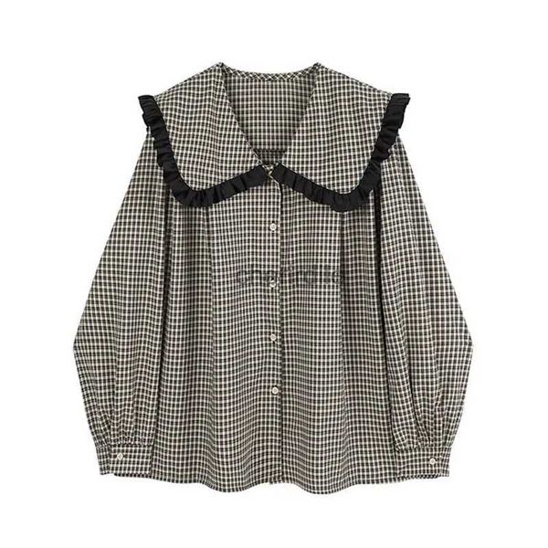 Damen Blusen Hemden Vintage Gothic Plaid Lolita Shirts Frauen Süße Rüschen Peter Pan Kragen Puffärmel Kawaii Blusen Japanische Elegante Tops Mujer YQ231205