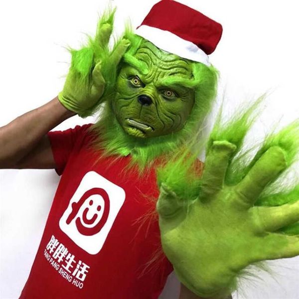 Santa Grinch Cosplay Maske Weihnachten Latex Masken Handschuhe Prop Halloween X0803281A