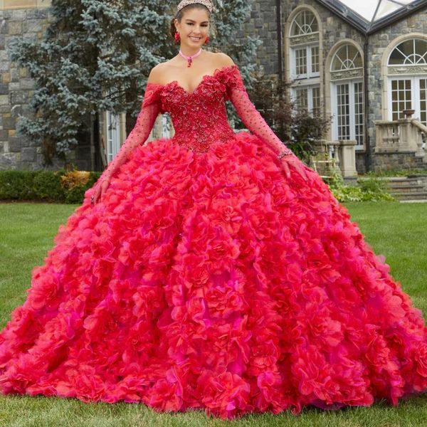 Rotes, glänzendes Prinzessin-Ballkleid-Quinceanera-Kleid, schulterfrei, langärmelig, mit Perlen besetzt, Spitze, Tüll, abgestufte Partykleider, Vestidos de 15 Jahre