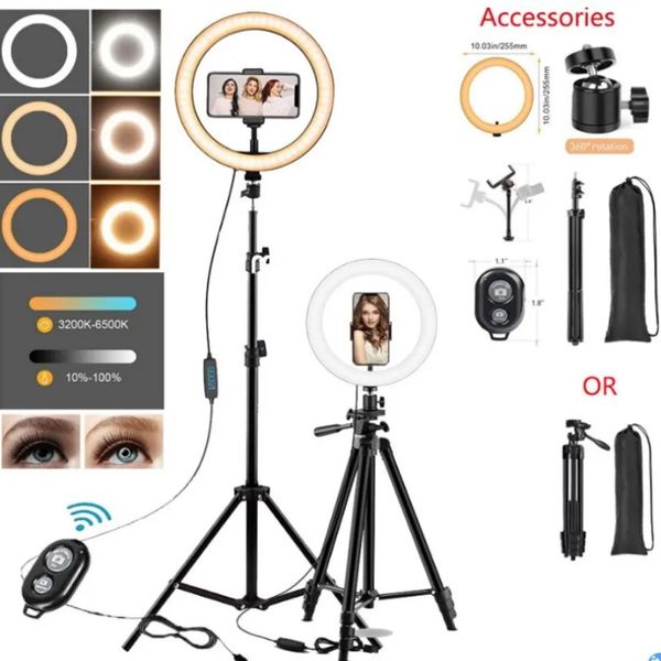 Caricatore USB 26 cm Led Selfie Ring Light Obiettivo del telefono Lampada telecomandata Illuminazione fotografica con supporto per treppiede