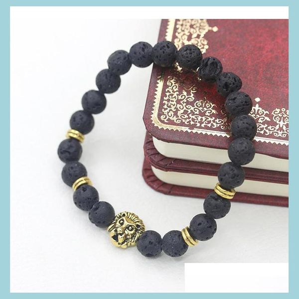 Charme Pulseiras Muito Antigo Banhado A Ouro Buda Leo Lion Cabeça Pulseira Preto Lava Pedra Frisada Para Homens Mulheres Pseras Drop Delivery J Dhjbx