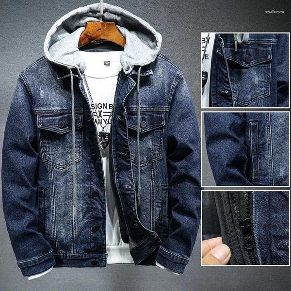 Jaquetas masculinas com capuz zip-up streetwear denim jaqueta com capuz multi bolso ao ar livre casual outerwear marca roupas de alta qualidade