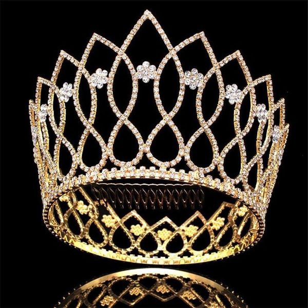 Corona alta di lusso Enorme tiara piena Copricapo rotondo Matrimonio Cristallo Strass Gioielli Copricapo da sposa Fiore floreale Pettine per capelli Hair263z