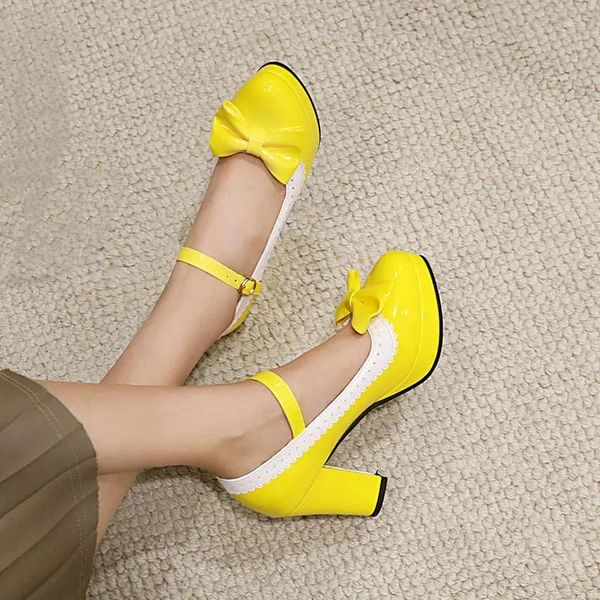 Sapatos de vestido amarelo roxo hortelã verde redondo dedo do pé fechado outono bombas de plataforma feminina com gravata borboleta lolita senhoras mary janes saltos