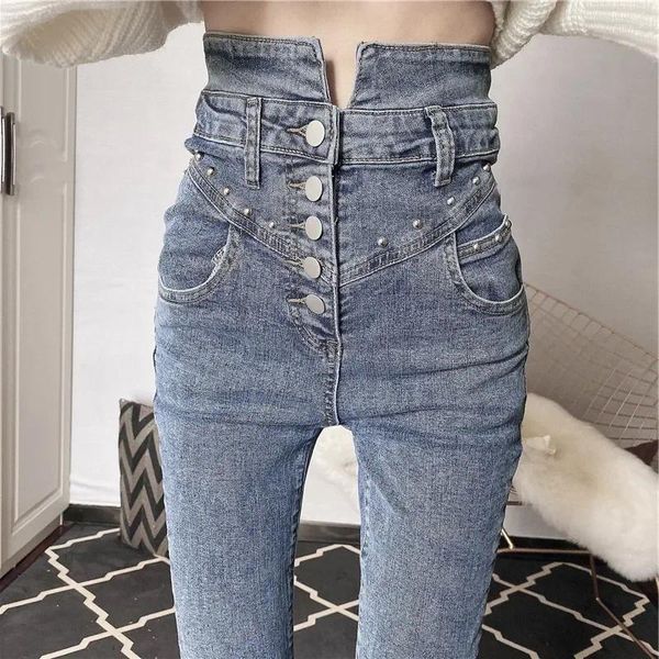 Женские джинсы с высокой талией и пряжкой, двухрядные, развивающие нравственность, тонкие, необычные, узкие маленькие брюки-карандаш