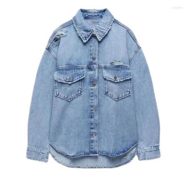 Giacche da donna Giacca da camicia in denim con doppia tasca con decorazione strappata per donna