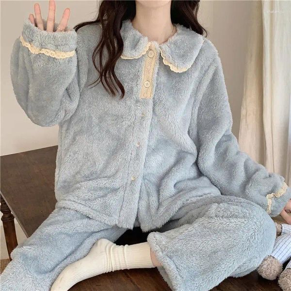 Mulheres sleepwear rendas mulheres pijamas conjunto inverno velo doce turn-down colarinho manga comprida tops calças casa casual botão cardigan