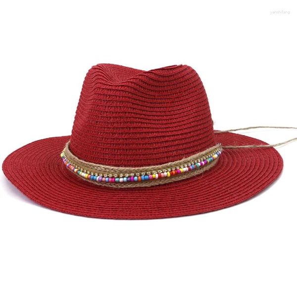 Шляпы с широкими полями HT3653, сезон: весна-лето, шляпа от солнца, женская шляпа-федора с бусами, панама, женская соломенная пляжная кепка для отдыха, женская дискета