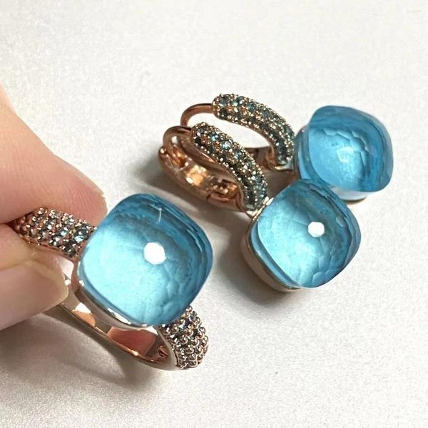 Kolye küpeleri set 2pcs/set klasik mücevher kakma mavi topaz zirkon gül altın kaplama 30 katlı şeker kristal