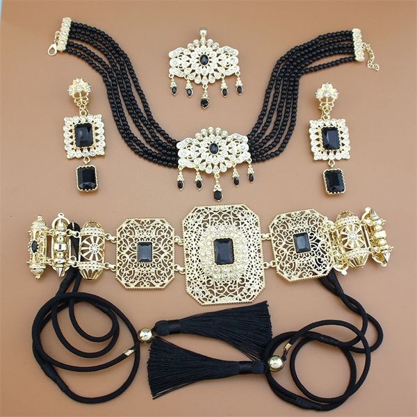 Hochzeits-Schmuck-Sets Sunspicems Goldfarbene arabische Damen-Schmuck-Sets Marokko Kaftan Gürtel Seil Quasten Perlen Halsband Halskette Kristall Ohrring Brosche 231204