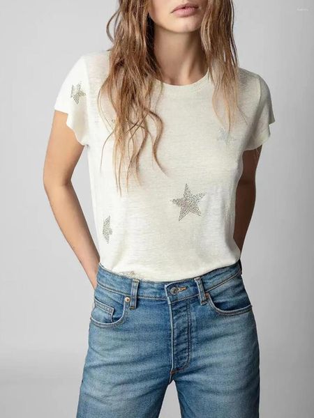 Camisetas femininas estrela strass t-shirts para as mulheres 2023 roupas de verão em torno do pescoço camiseta casual camisetas topos moda feminina streetwear camiseta