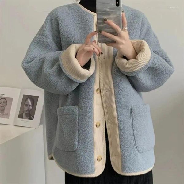 Damen Jacken Imitation Lamm Fleece Frauen Herbst Winter Casual Harajuku Mäntel Vintage Mode Tasche Lose Oberbekleidung Weibliche