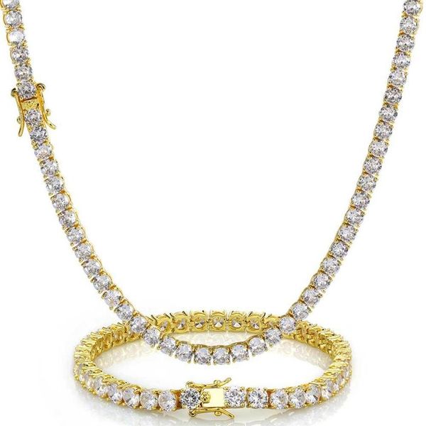 Ensemble de bracelets et colliers Hip Hop pour hommes et femmes, chaînes de Tennis, diamant scintillant, or véritable 18 carats, plaqué or blanc, 262j