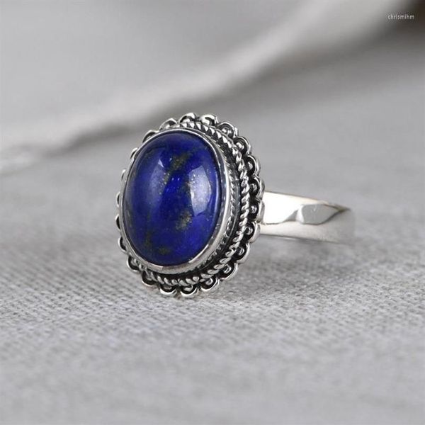Cluster Ringe FNJ 925 Silber Lapis Lazuli Echt Original S925 Solide Prue Ring Für Frauen Schmuck Vintage Oval Flower2445