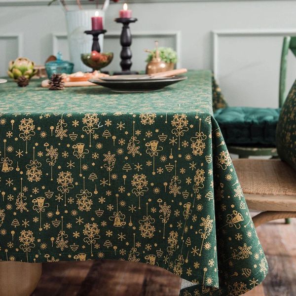 Tovaglia in cotone e lino Tovaglia per feste di Natale giapponese verde abbronzante campanelli eolici rettangolo copertura per tavolo da pranzo per la decorazione domestica 231204