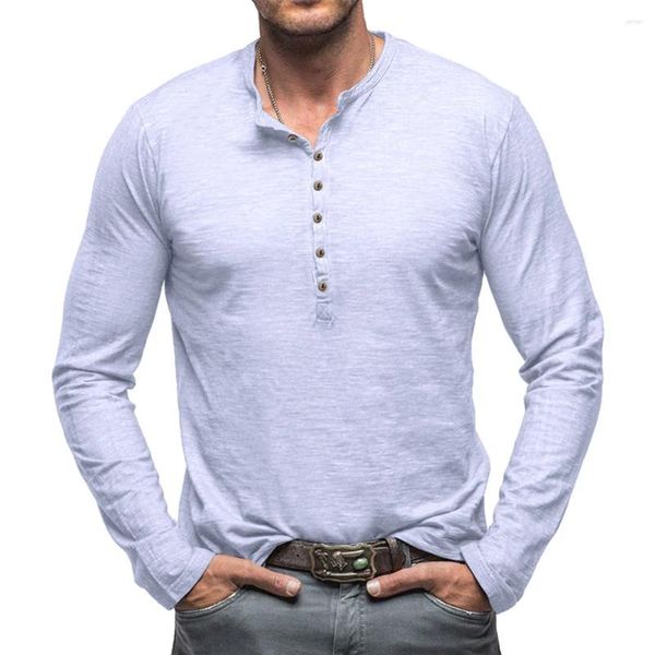 Magliette da uomo Manica lunga Henley Camicia da nonno Colletto Top Camicetta con bottoni Muscle Slim Fit Activewear