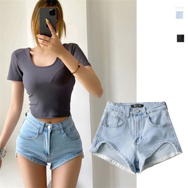 Calças de brim femininas moda chique elegante cintura alta denim shorts verão fino olhando versátil a-line calças caber elegante super curto ins