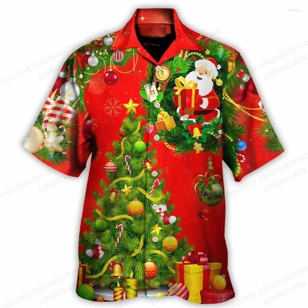 Camicie casual da uomo Albero di Natale Camicie con risvolto hawaiano Camicia da uomo moda Hawaii Camicetta da Babbo Natale Colletto rovesciato Uomo