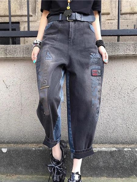 Damen Jeans Damen Ing Buchstaben Vintage Casual Denim Knöchellange Patches Personalisierte Mode Streetwear Haremshose