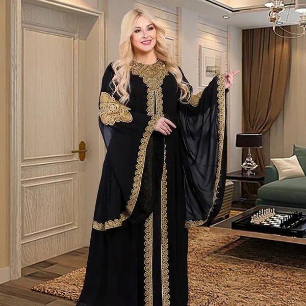 Etnik Giyim Müslüman Takım Moda Gevşek Gece Elbisesi Dubai Kaftan Abaya Bell Sleeve İşlemeli bornoz Uzun Elbise Afrikalı Elbiseler Kadın