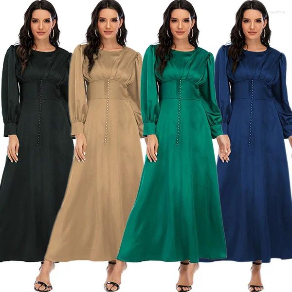 Roupas étnicas Ramadan Mulheres Muçulmanas Cor Sólida Cetim Vestido Longo Árabe Abaya Islâmico Dubai Beads Festa Noite Elegante Maxi Robe Vestido