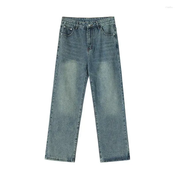 Jeans masculinos vintage lavado angustiado outono versão coreana tendência solta perna larga calças retas casuais