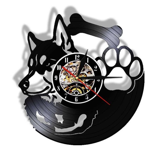 Siberian Husky Orologio da parete con disco in vinile, senza ticchettio, negozio di animali, decorazioni artistiche vintage, orologio da appendere, cane, razza, proprietario di cane Husky, idea regalo X0244i