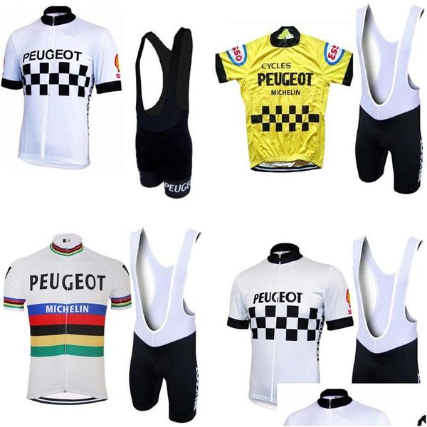 Radfahren Jersey Sets Molteni Peugeot New Man Weiß / Gelb Vintage Set Kurzarm Kleidung Reitkleidung Anzug Fahrrad Tragen Shorts Gel Dhpfz