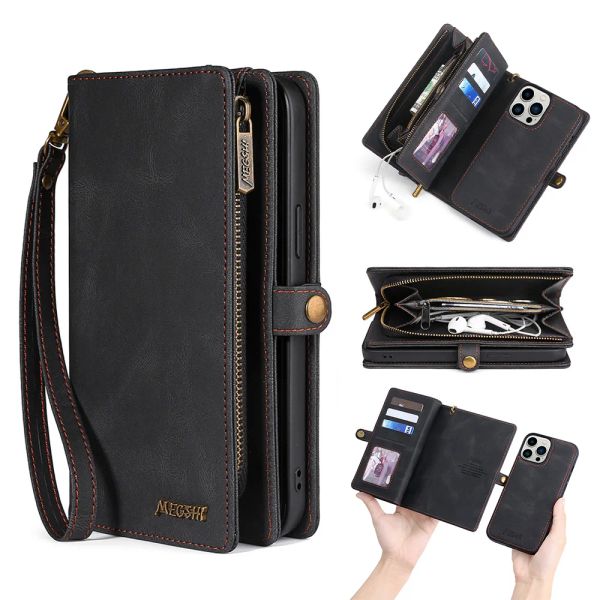 Retro Leather Zipper Wallet Card Slot Phone Case For iPhone 15 14 13 12 Mini 11 Pro Max XR Xs Detachable Flip Purse Stand Cover with Wrist Strap
