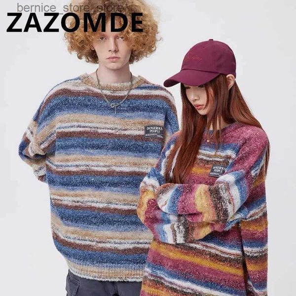 Erkek Sweaters Zazomde Sonbahar Renkli Çift Kükürük Kazak Yüksek Sokak Şerit Gökkuşağı Örme Kaplama Kore Moda Kontrast Renk Jumper Erkekler Q231205