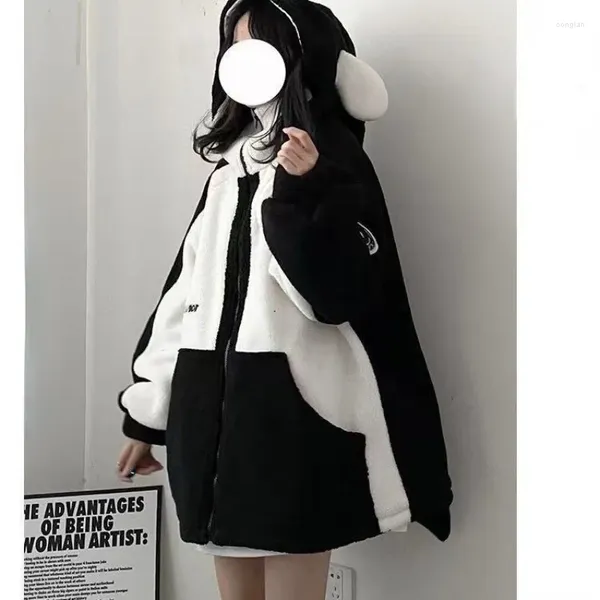 Giacche da donna Kawaii Invernale in pile Cappotti con cappuccio giapponese Nero Bianco Patchwork Cerniera Stile Preppy Lana di agnello Donna Y2k Felpe