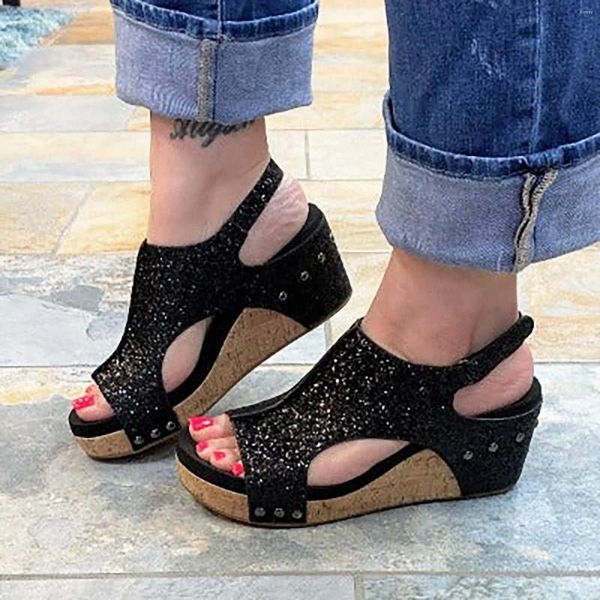 Sandalet Kadın Kama Sandal Peep Toe Eğim Topuk Kalın Sole Boş Out Ayarlanabilir Kayış Arch Destek Platformu Asansör Ayakkabıları