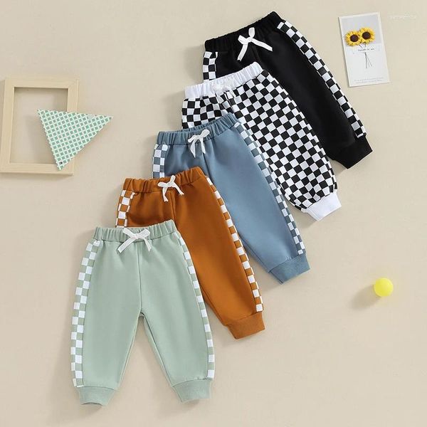 Calças 2023-11-13 Lioraitiin 0-3Y Born Baby Boy Sweatpants Checkerboard Patchwork Elastic Jogger Pants Casual