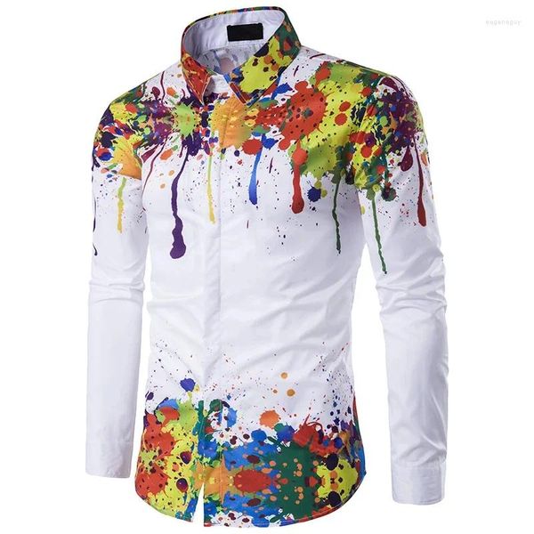 Herren Freizeithemden 2023 Kunst Sieben Farbdruck Langarmhemd 3D Digitaldruck Mode Lose Revers