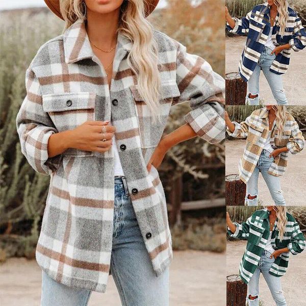 Jaquetas femininas Womens Check Fleece Casual Jacket Shacket Baggy Oversized Tartan Tops Camisa Casaco