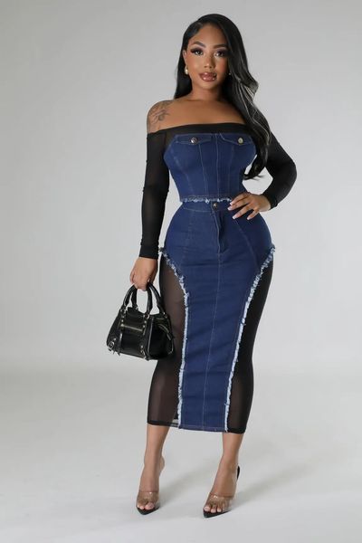 Pantalon deux pièces pour femmes Ensemble en denim Tenue Sexy Jupe transparente en maille Patchwork Manches longues Slash Neck Night Club Tenues pour s'habiller 231205