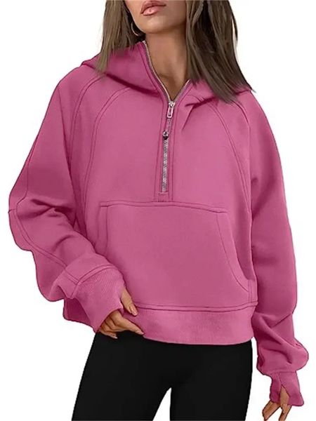 Felpa con cappuccio mezza zip sportiva da donna Pantaloncini larghi Maglione di lana Solido Autunno Felpa con cappuccio Pullover Felpa da strada Y2k Abbigliamento 231205