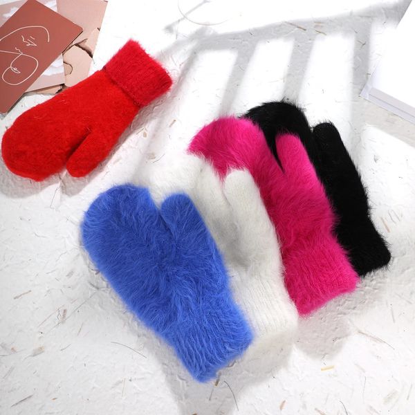 Перчатки с пятью пальцами, зимние теплые перчатки из кроличьего меха, женские варежки, уличные плотные шерстяные перчатки без пальцев, зимние перчатки для женщин и девочек, подарки 231205