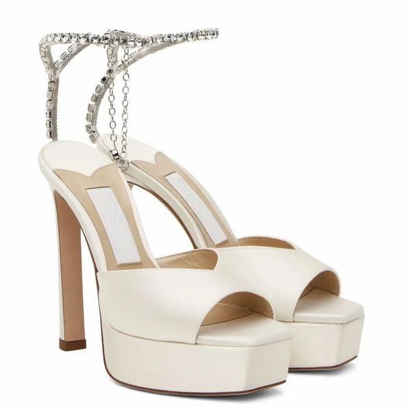 Verão nupcial casamento saeda sandálias sapatos designer de luxo mulheres dedo do pé aberto saltos plataforma sandale cristal corrente bombas branco, rosa, preto sandalias EU35-43