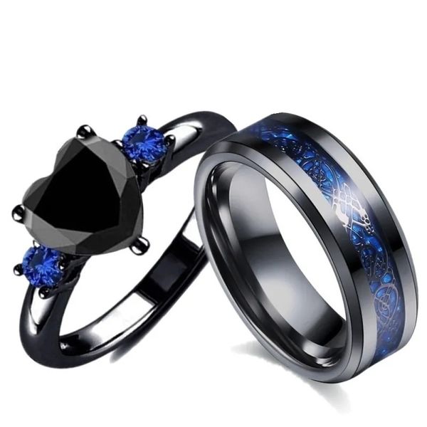 Fedi nuziali Fascino Coppia Uomo Acciaio inossidabile Anello drago celtico Zircone nero Fascia da donna Set Gioielli per San Valentino 231205