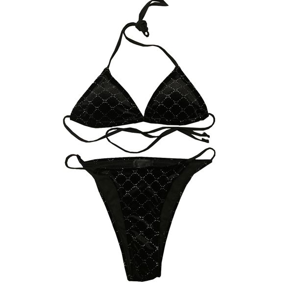 Sexy preto veludo biquíni verão cintura baixa banho feminino designer biquinis conjunto moda carta halter nadar banho