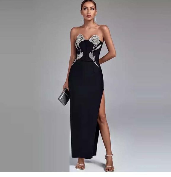 2024 Damenmode-Kleid, Runway-Kleider, Amazon-Rock, neues High-End-Original-Damen-Schwarz-BH, leichtes, luxuriöses langes Kleid mit Diamant-Verbandkleid, Partykleid