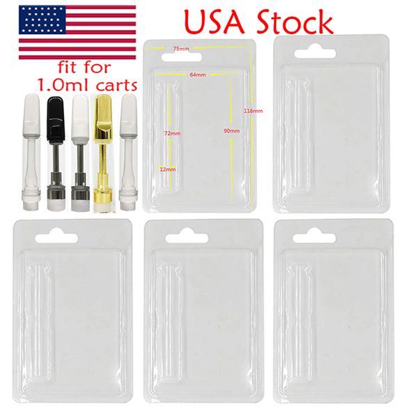 EUA Estoque Blister Pack Casos 1ml 0.8ml Vape Cartuchos Embalagem Clear PVC Hanger Atomizadores Pacote Plástico ClamShell Cartões Personalizados E Cigarros 1000pcs Uma Caixa