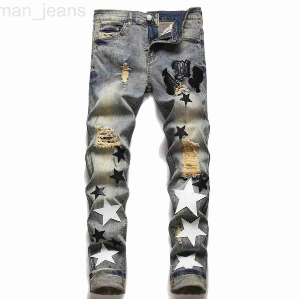 Herren Jeans Designer gestickte Distressed Jeans, koreanische Version, trendige und personalisierte gestickte kleine Fußschlempf Patch, Bettlerhosen Modelebildung