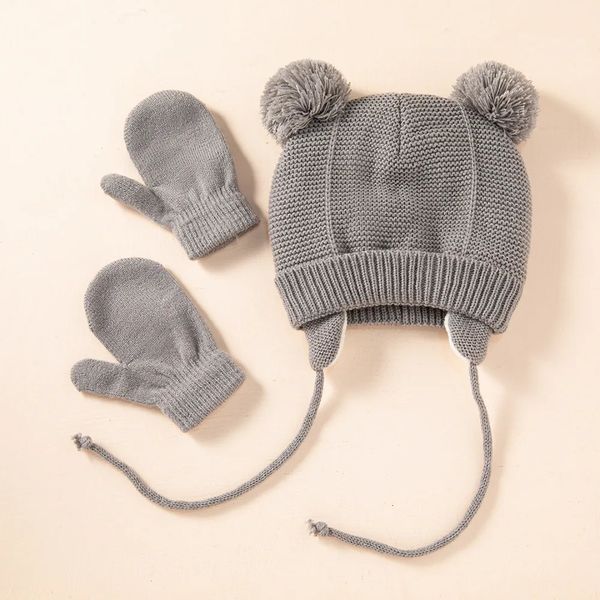 Beanieskull Caps Sevimli Örme Pompom Bebek Şapkası Kalın Sıcak Kız Çocuk Beanie Kış Kulak Sıcak Kap Set Çocuk Eldivenleri Şapkalar Bonnet Muts Born 231204