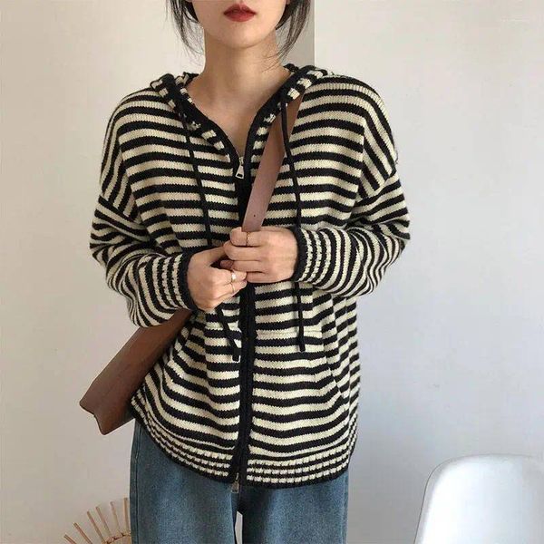 Malhas femininas outono estilo universitário listra camisola com capuz casaco cor contraste bolsos com zíper solto preguiçoso manga comprida malha cardigan