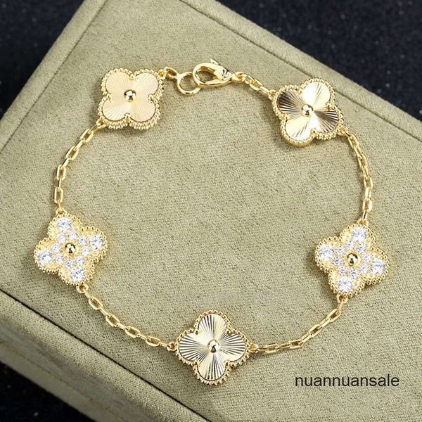 bangle vanly Pulsera de trébol de plata de ley 925 con cuatro hojas de hierba y cinco flores, pulsera para mujer chapada en oro con diseño de multitud, pulsera láser de oro blanco con diamantes entrelazados