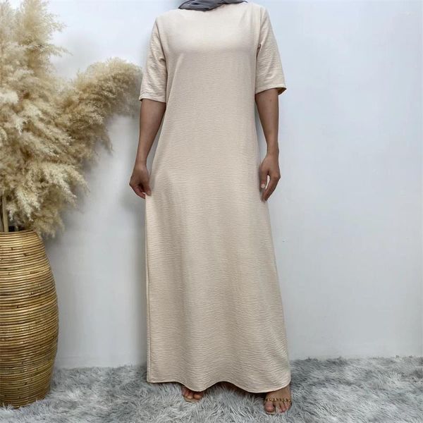 Ethnische Kleidung Einfarbige muslimische Frauen Abaya Halbarm Langes Maxikleid Türkei Unterkleid Islamisch Arabisch Kaftan Ramadan Robe Dubai Roben