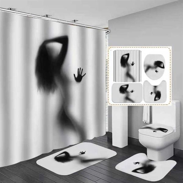Nackte Frauen Schatten Duschvorhang mit Haken Sexy Mädchen Badezimmer Set rutschfester Teppich Toilettendeckel Pad Badematte für Heimdekoration 210609288x